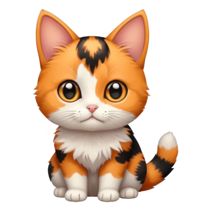 calico kitten, simple and cute, round face, big eyes, minimal details, orange black and white calico pattern sticker