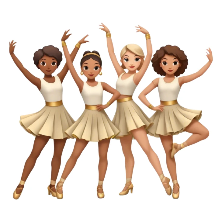 Icon for Contemporary Dance: a synchronized group dance performance with dancers in modern outfits, performing on stage with bright spotlighting and energetic movement. The icon should capture the dynamic and vibrant nature of contemporary dance. Transparent background. sticker
