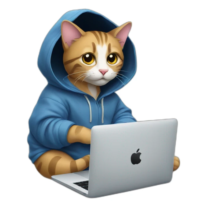 cat with hoodie and a macbook sticker