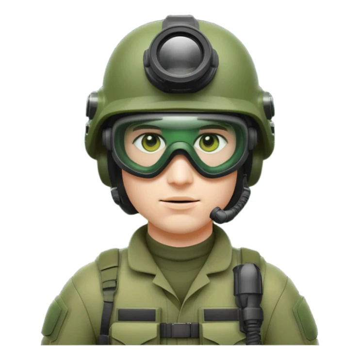 white-skinned male modern soldier in green upgraded equipment, ultra-modern helmet with night vision goggles, mask, cool and brutal, emoji style sticker