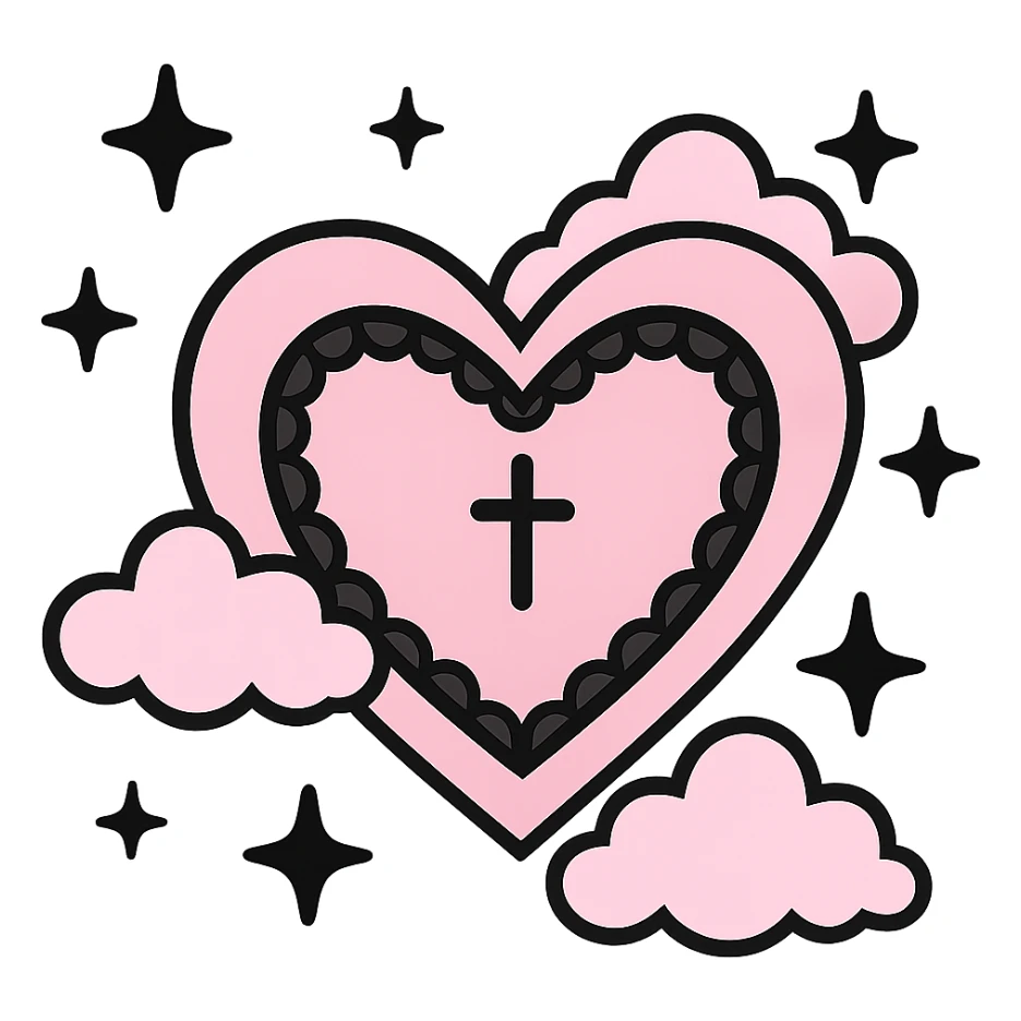 pastel goth heart with pastel clouds and black stars, soft pink and black, cute gothic style sticker