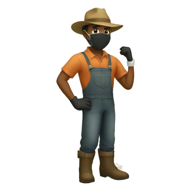 a black man farmer wearing a boots, gloves, goggles, hat, pants and mask. sticker
