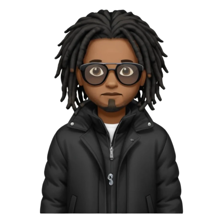 African American man brown skin complexion with black dreadlocks shoulder length wearing black bubble winter coat wearing black sunglasses standing up sticker