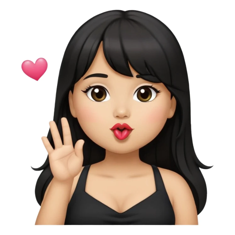 Latina girl light medium skin tone with bangs black long hair in pony tail plus size black dress blowing kiss sticker
