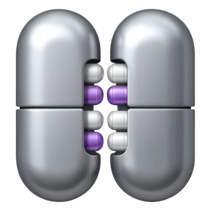 capsule pill emoji, metallic silver halves, smooth glossy finish, futuristic pharmaceutical 3D icon, isolated on white sticker