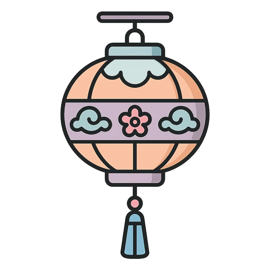 elegant Chinese lantern with tassel and decorative elements, detailed shadow, thin clean outlines, soft rounded shapes, pastel palette #98B5BC, #B5B3C1, #C9A3C9, #E4C0CA, #F7DCD1, #F7C0AA, modern Japanese pop-art and sticker aesthetic, high detail, vector clarity, soft lighting, transparent background sticker