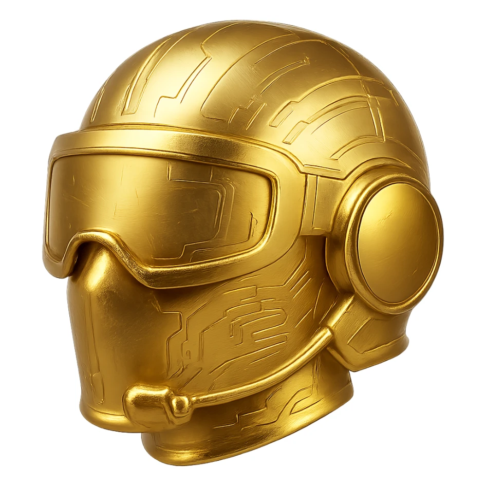 Make the golden pilot helmet more futuristic with a minimal but high-tech design, gold color with digital accents. No background. sticker