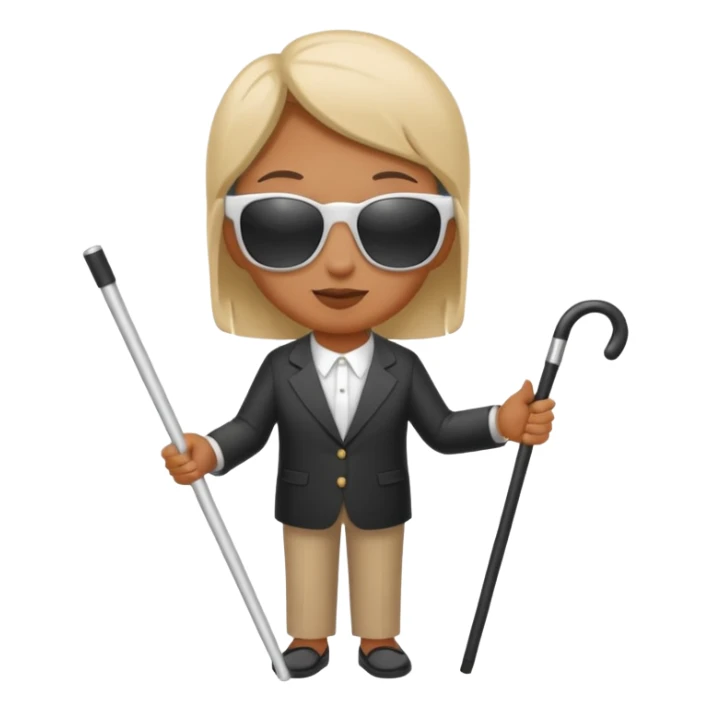 A blind person wearing sunglasses and holding a guide cane sticker