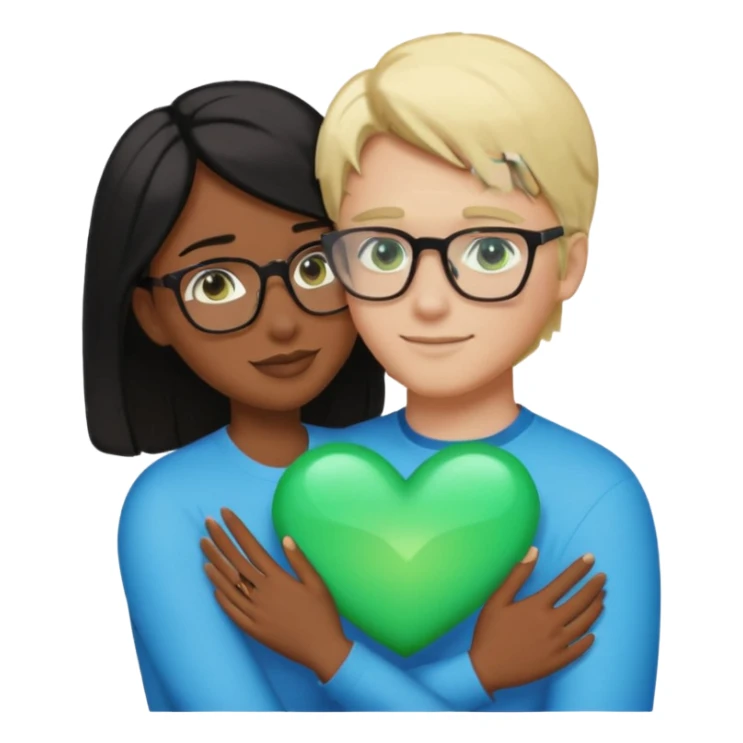 Un brazo abrazando un brazo abrazando un corazón un corazón azul emojidonde la mujer es de piel morena peli negra ojos cafes sin accesorios, y donde el hombre es piel blanca, pelo rubio, ojos verdes con lentes sticker