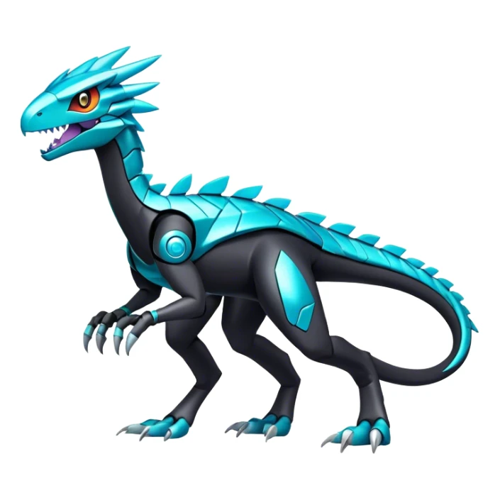 Shiny Futuristic Celestial Fakemon-Pokemon-Digimon-Spectrobes-Raptor-fusion, full body, four legs, black body, cyan accents, scales sticker