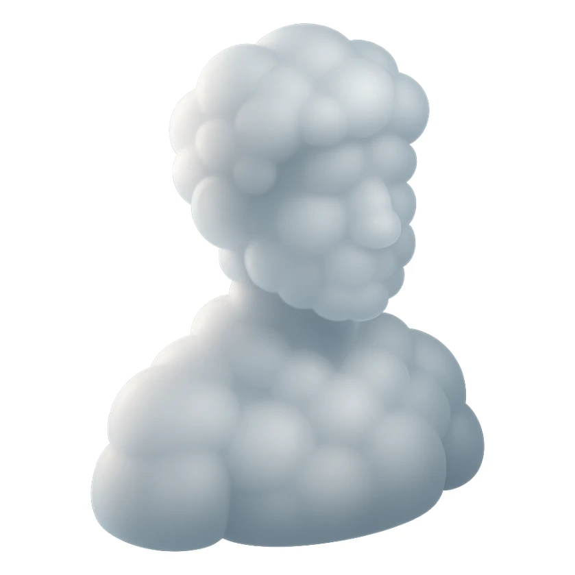 person made entirely of white fluffy convex clouds, shoulder up, front view, matte glass style sticker