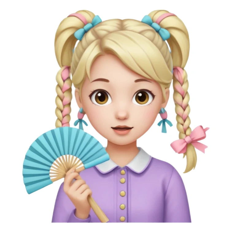 A pigtail girl in modern outfit using a pastel fan with playful expression. sticker