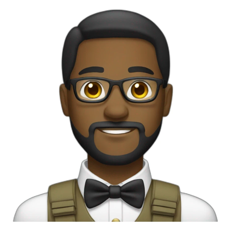 black soldier with beard, part in black hair, white collared shirt, bow tie, gold glasses, bulletproof vest  sticker