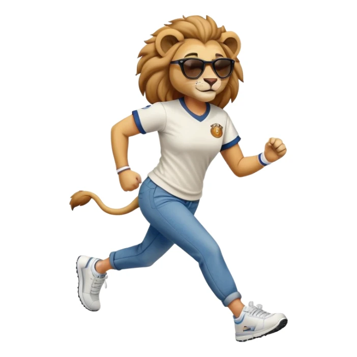confident anthropomorphised female lion wearing a baseball shirt, jeans, trainers, dark sunglasses, jogging with a smile sticker