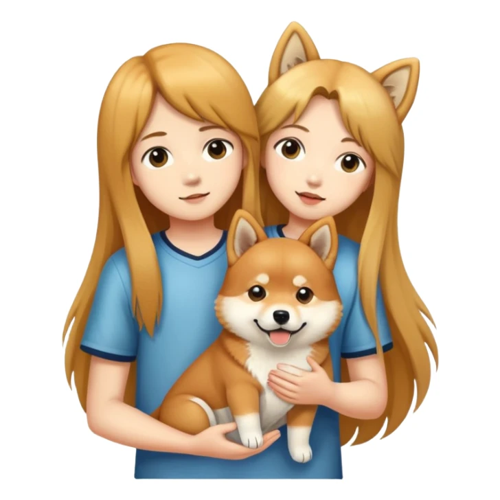 A long-haired girl -and- a boy -holding- a Shiba Inu sticker