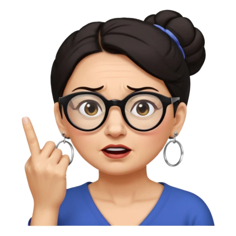 middle aged woman with dark hair pulled up in a high bun, wearing round ring earrings and glasses blocking her ears with her index finger, with a very painful expression on her face  because she cannot stand hearing a terrible singer who is too loud and out of tune.   sticker