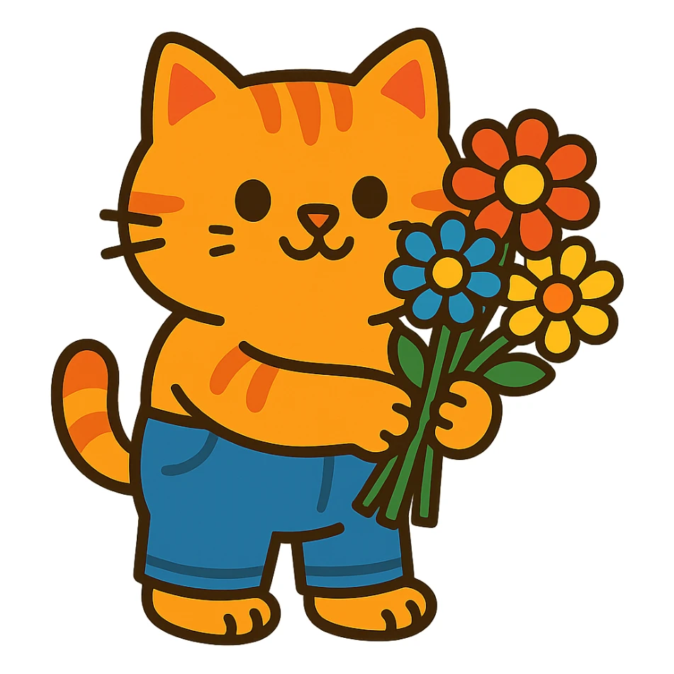 a chubby kitten in pants with a bouquet of flowers sticker