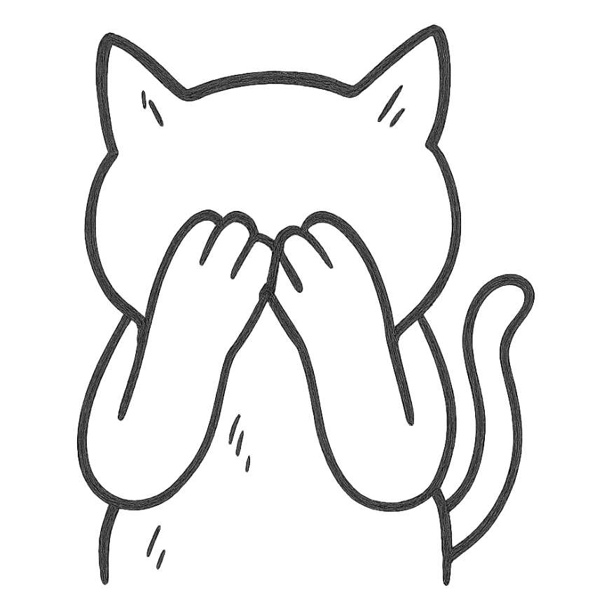 cat covering its face with its paws, hand drawn outline icon style sticker