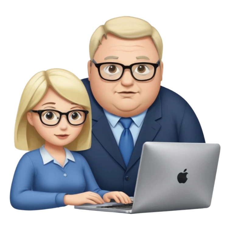 A girl helping a really fat man on the computer sticker