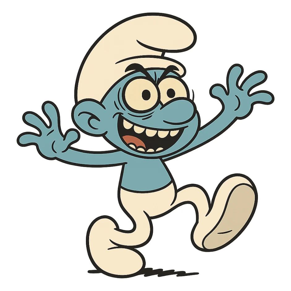 a smurf acting erratic, with dark circles under eyes and a manic grin, cartoon style sticker