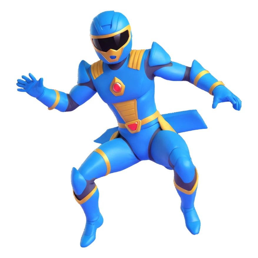 blue power ranger in dynamic pose, helmet and suit, no text sticker
