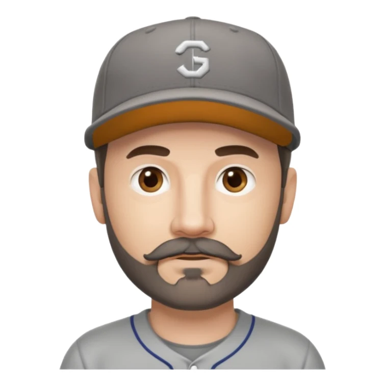 white male with dark brown goatee beard and moustache with grey tones wearing a grey baseball cap back to front with hazel eyes sticker