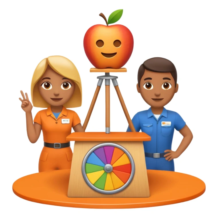 pple-style emoji of a recruitment booth. Two cartoon figures stand behind an orange table with 'MARROW, be a match' branding, a colorful spinning wheel, and a branded vertical banner. Simplified and cute sticker