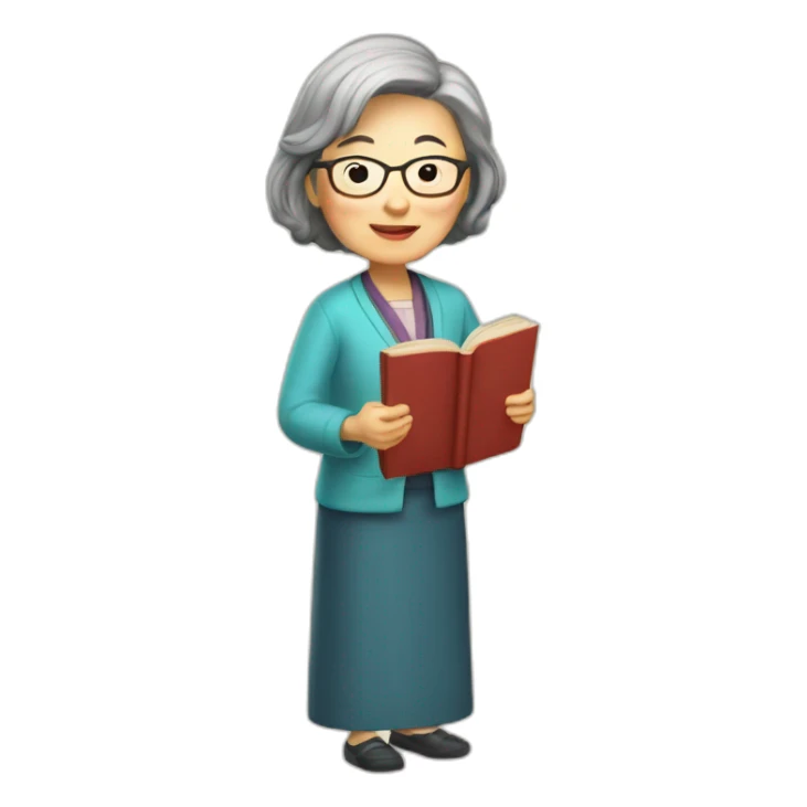 Standing older Chinese lady teacher held book sticker