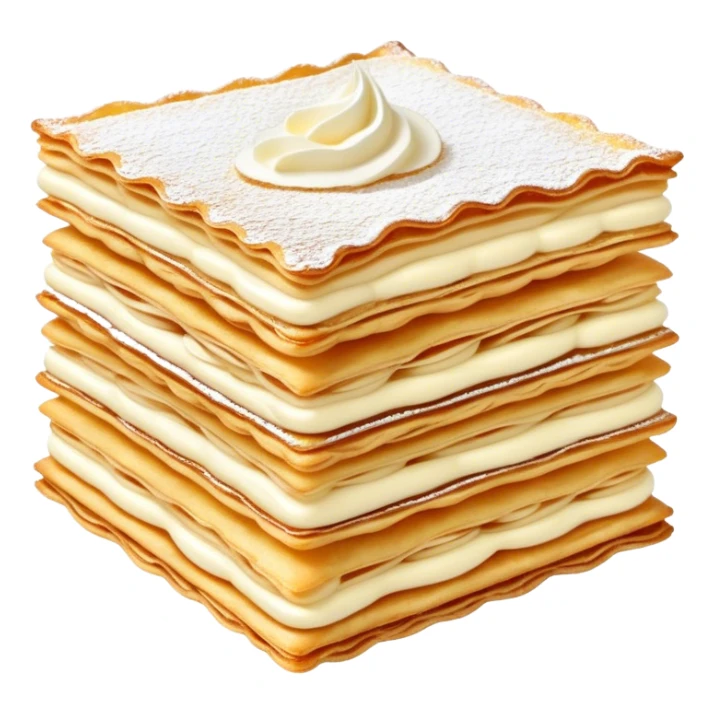 Cinematic delicate mille-feuille, thin crispy pastry layers filled with smooth vanilla cream, dusted with powdered sugar, elegant presentation, highly detailed and sophisticated. sticker