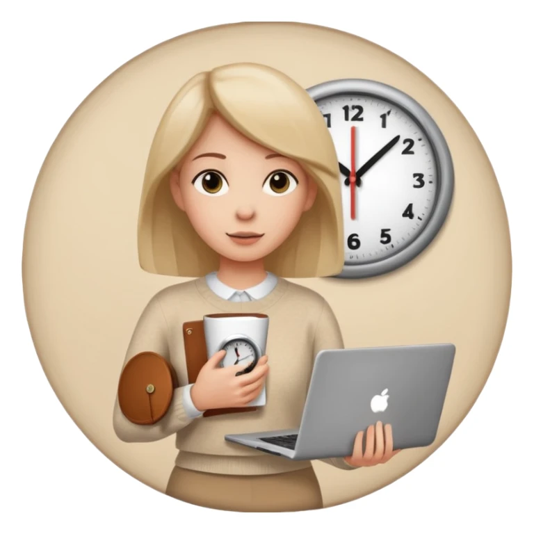 I like the 4th image. Now, make the same woman leave work with her laptop in hand. Add a round clock behind her on the wall. She is wearing a beige sweater.  sticker