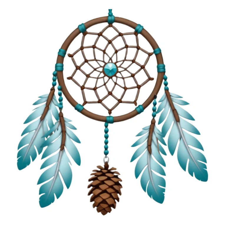 Winter-themed snow-covered spruce pine wooden pinecone dreamcatcher with white feathers, silvery chains and teal leaves sticker