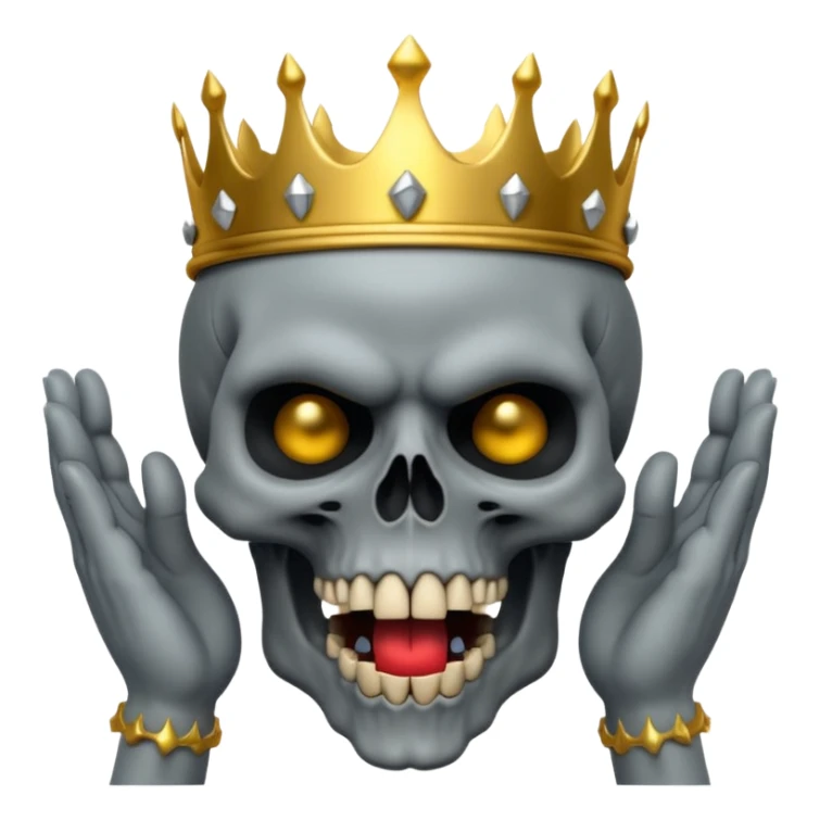 Demonic 3D skull holding its head by its two hand in shock, mouth open, wearing a golden crown, dark horror vibe sticker