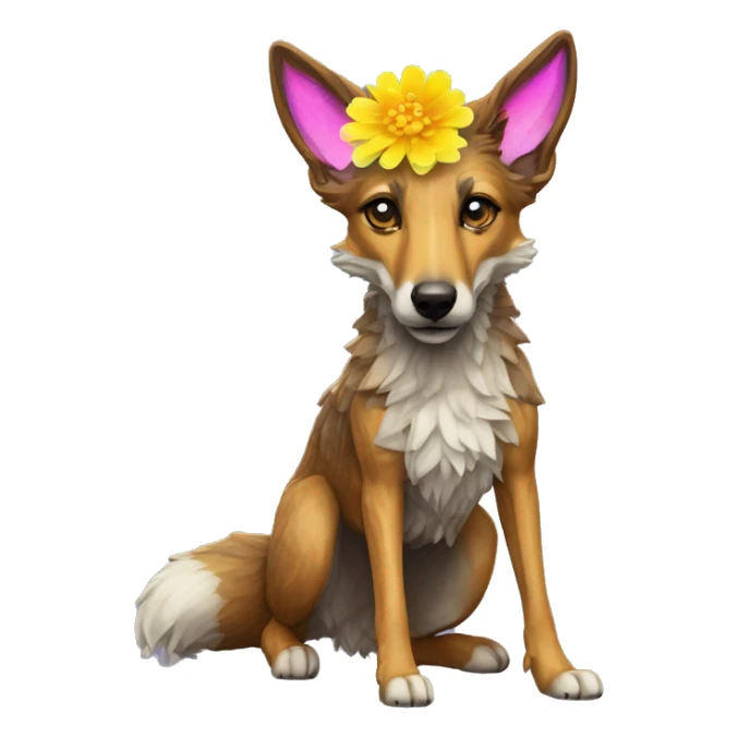  brindle fluffy lurcher Alsatian fox running blue eyes fluffy ears and iridescent holographic oilslick harness wearing paper flower crown yellow caution tape neon sign sticker