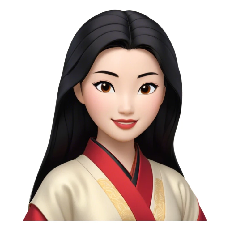 Cinematic Realistic Radiant Mulan Portrait, presenting Mulan with a warm, confident smile and lifelike light-toned skin that appears almost luminous under natural daylight. Her sleek black hair is rendered in meticulous detail, and her traditional robe—accented with understated red highlights—is depicted with realistic fabric textures and folds. The overall image exudes a gentle, inviting glow, high shine, and refined detail that captures her poised elegance and inner resilience in a painterly, authentic style. sticker