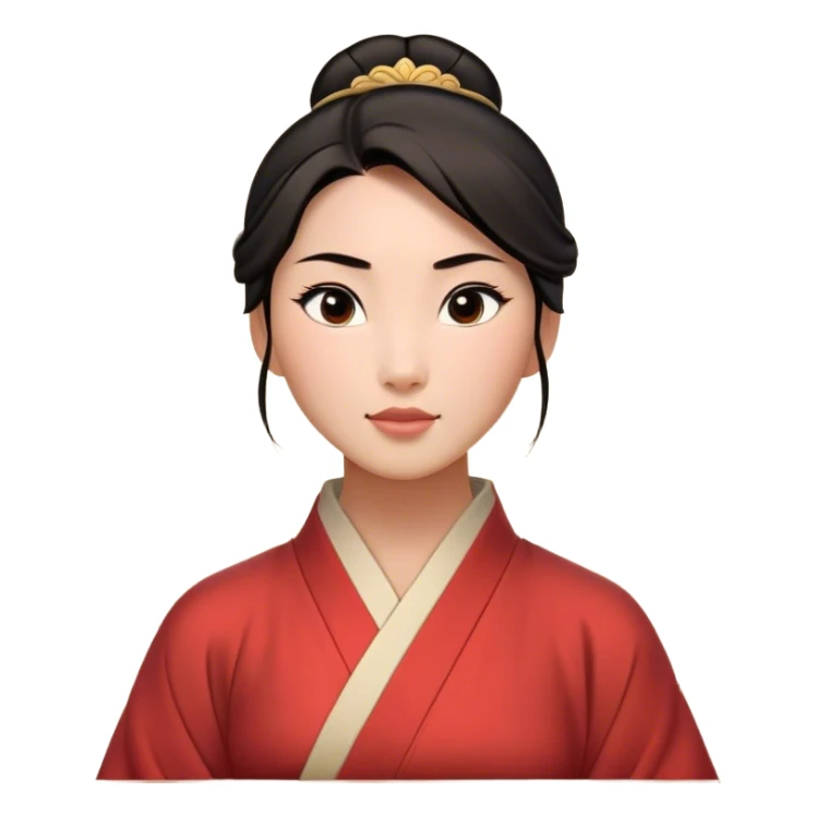 Cinematic Timeless Mulan Portrait Emoji, rendered in a clean vector style. Depict Mulan with warm, light-toned skin, neatly styled dark hair in a traditional bun, and a serene, confident expression, dressed in a simple traditional robe with minimal decoration. The image is highlighted by a soft, inviting glow and a subtle glowing outline, capturing enduring beauty and quiet strength. sticker