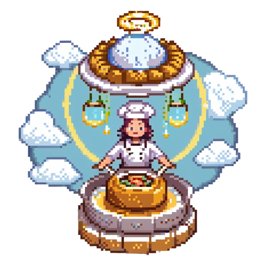 A divine baker surrounded by floating utensils, radiant ingredients, and a halo of light. The oven levitates, powered by pure energy. UI resembles clouds, golden rays, and ethereal scrolls—like a heavenly recipe interface. sticker