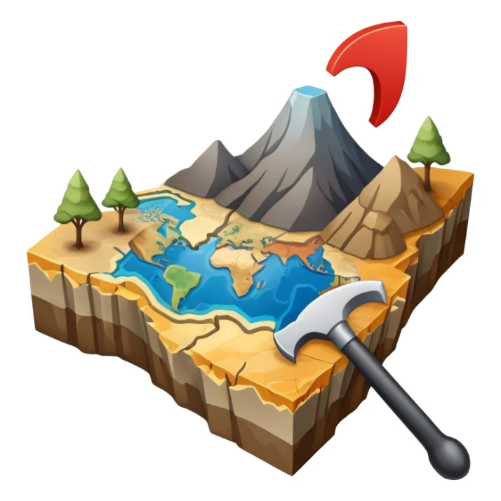 An icon featuring a crowbar and a geological map, and layers of Earth’s crust, symbolizing geology. The design includes mineral samples, fossils, and tectonic plates, representing the study of Earth’s structure and natural processes. Transparent background highlights geological exploration sticker