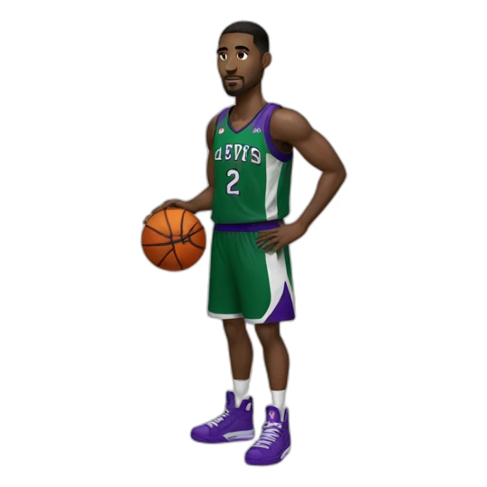 a basketball player in a black, green and purple uniform sticker