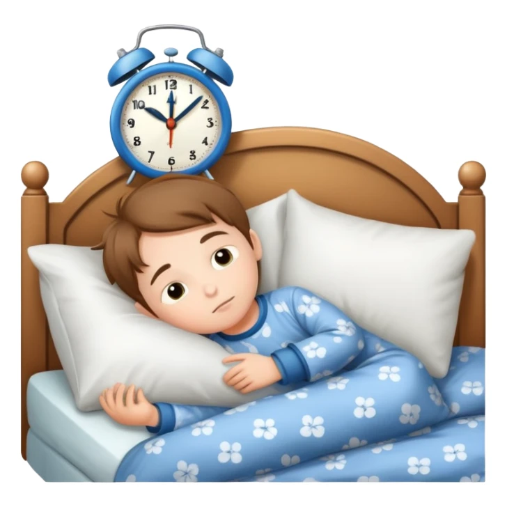 child tucked in bed with a clock showing bedtime, simple and cute sticker