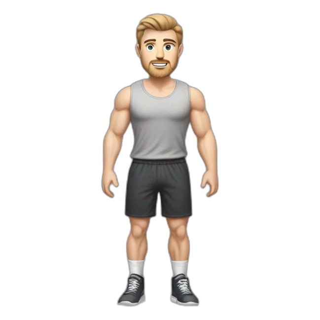 Full height Pale skinned muscular man With Realistic eyes and mouth, light brown hair and stubble In dark gray sleeveless mike, black oversize sports shorts, watch and white sneakers. sticker
