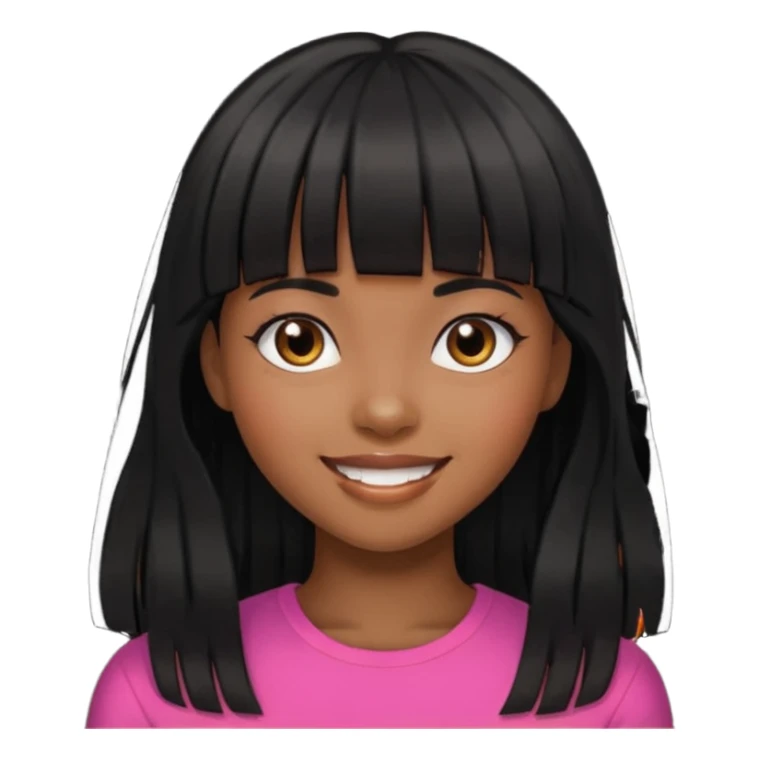 black girl with long black hair with bangs, happy sticker