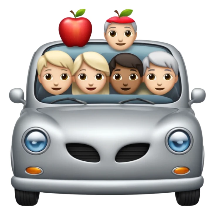 a small car with five happy people inside, all poking their heads out, in cute and unified Apple standard emoji style sticker