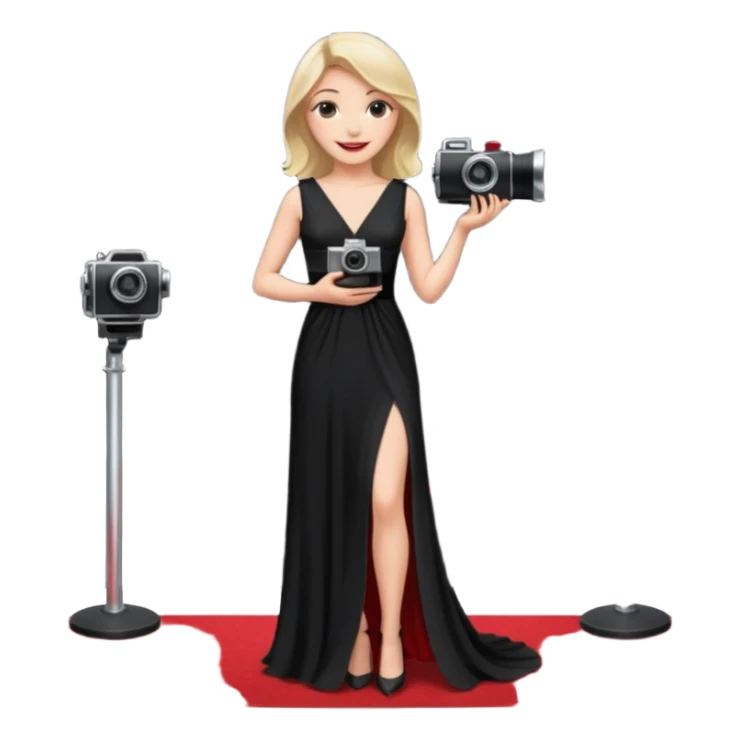 an actress standing on a red carpet, smiling, with a film camera next to her. sticker