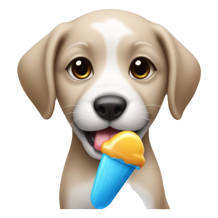 Puppy eating a blue popsicle sticker