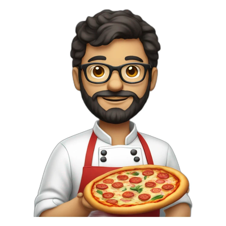 Dark haired 30 years old chef with beard and big glasses proudly holding a pizza sticker