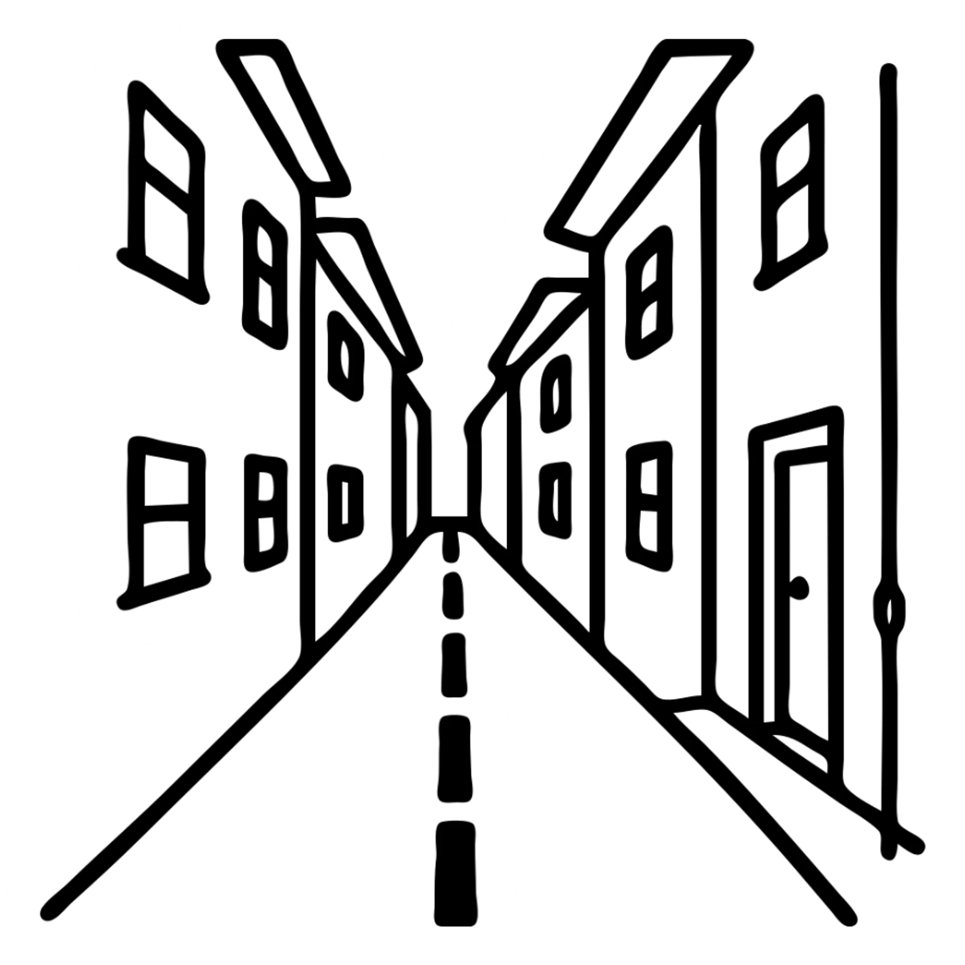 Remove any frame or border, emphasize the road in the narrow alleyway, keep simple building design, no background sticker