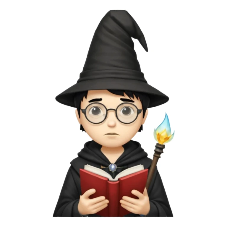 ["A sad boy with light skin, straight hair, wearing a wizard hat and round glasses, dressed in punk fashion, is reading a book while holding a phone."] sticker