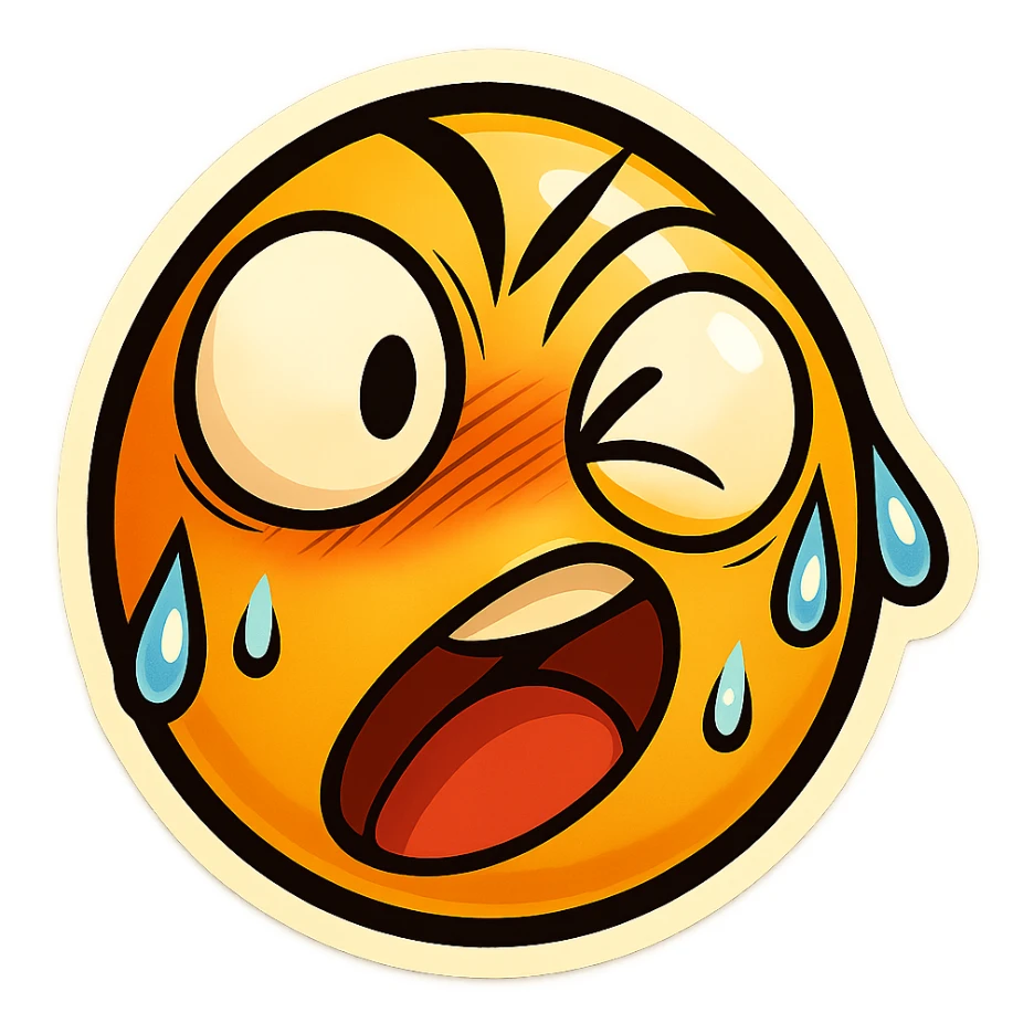 Create a funny emoji inspired by the character's exaggerated, silly, and sweaty expression. Emphasize the wide eyes, tilted head, and sweat drops for a comical effect in a retro stickers emoji style. sticker
