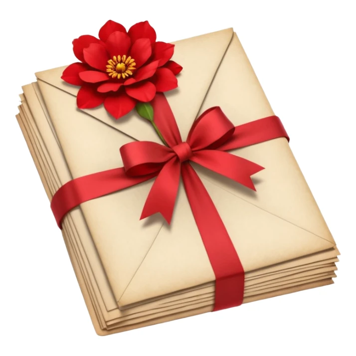 A beautifully arranged Stack of aged letters, tied with a red ribbon, envelopes, corespondence, aesthetic, red flower petals around, mails sticker