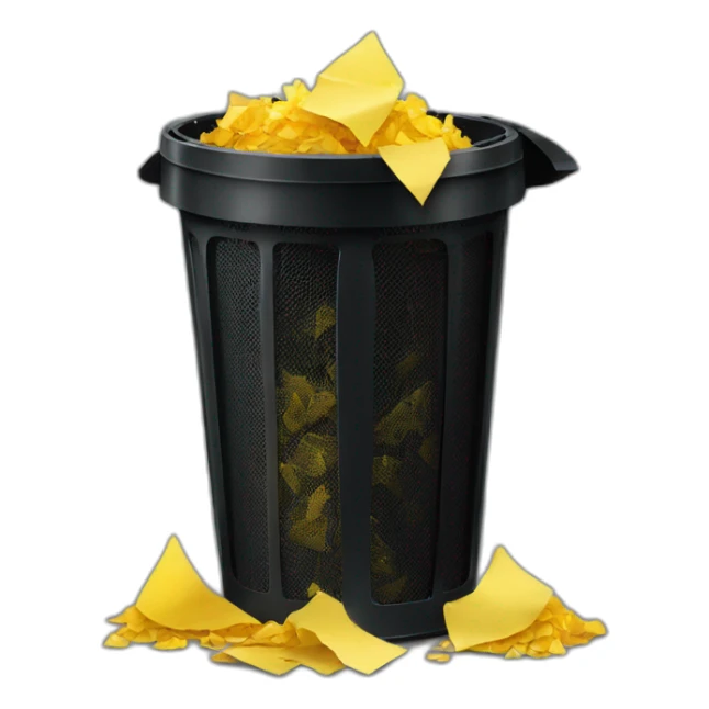 black mesh metal dustbin filled with yellow crumbled papers sticker